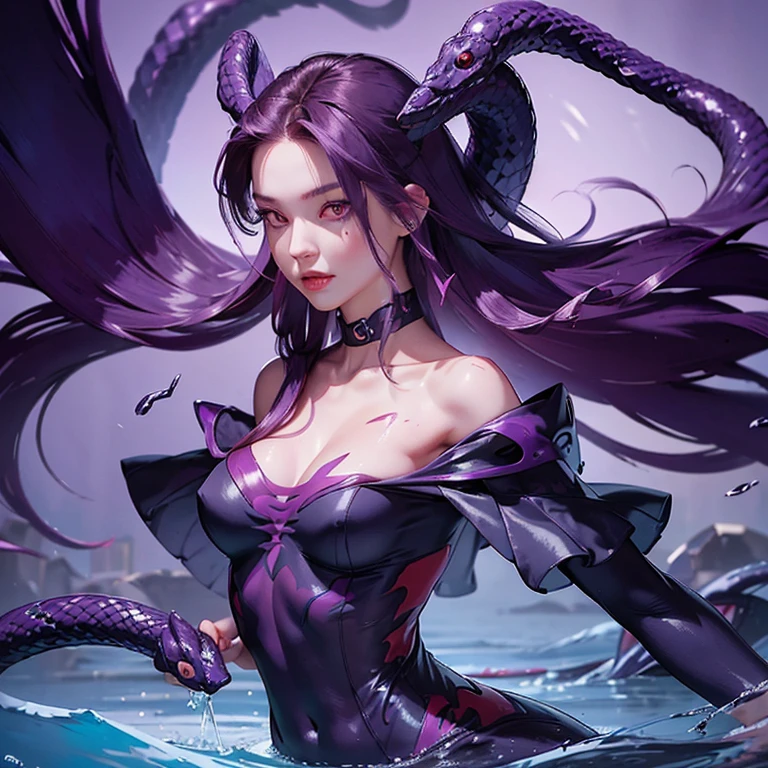 ((ultra realisitic)), ((picture-perfect)), ((face perfect)), ((ultra detaild)), ((fully body)), ((perfectbody)), girl with long purple snake-shaped hair, girl walking in water, red eyes purple hair