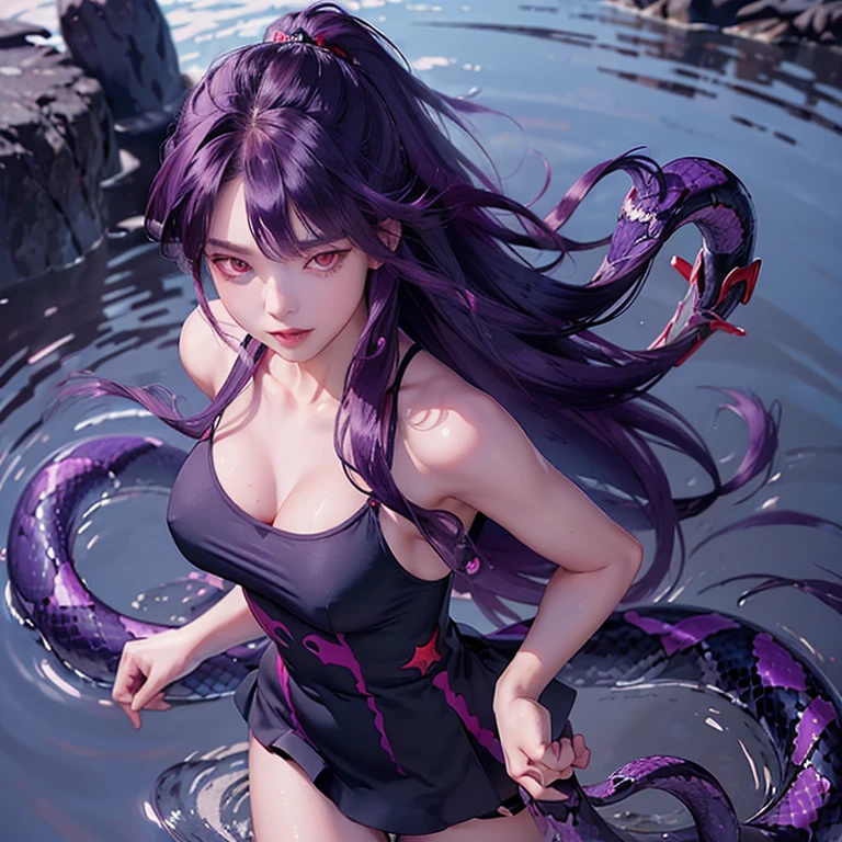 ((ultra realisitic)), ((picture-perfect)), ((face perfect)), ((ultra detaild)), ((fully body)), ((perfectbody)), girl with long purple snake-shaped hair, girl walking in water, red eyes purple hair