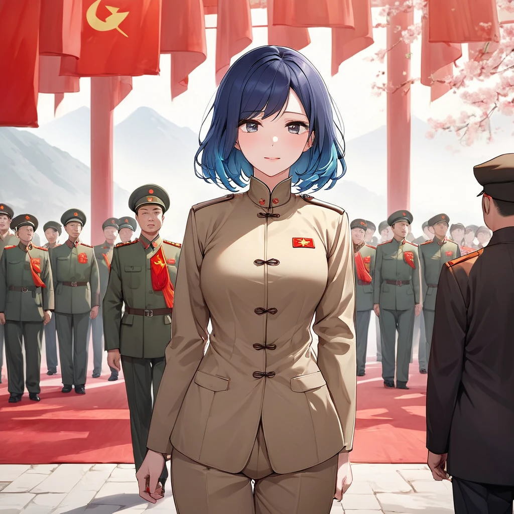 ((Highest quality)), ((masterpiece)), (detailed), (Perfect Face)、The woman is a Chinese woman named Akane Kurokawa. She has medium-long blue hair and is wearing an engagement ring. She is a member of the glorious Chinese Communist Party and has sworn absolute loyalty to the Chinese Communist Party. She is a righteous Communist Party member of China.、The woman is wearing the khaki Mao suit of the Chinese Communist Party.、For the sake of China, they dye their hair, hairstyle, clothes, and everything they wear belongs to the Chinese Communist Party, and their thoughts are also Chinese, becoming great Chinese in body and mind.、The woman became Akane Kurokawa, a Chinese woman who is proud of China, loves it and devotes herself to it.、She is serving China as a member of the great Communist Party of China.、She is a beautiful, respectable and exemplary Communist.