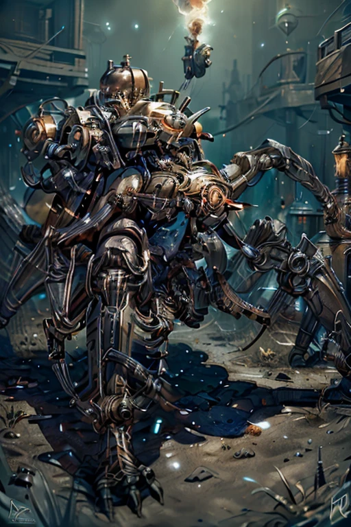 Mechanical Spider creature, gears, wires, metal plating, clock gears, electric wires, eight mechanical limbs, industrial body, metal skin, electricity, detailed face features, eight bronze light eyes, copper tubing, steam powered, photorealistic, 8k, high resolution,