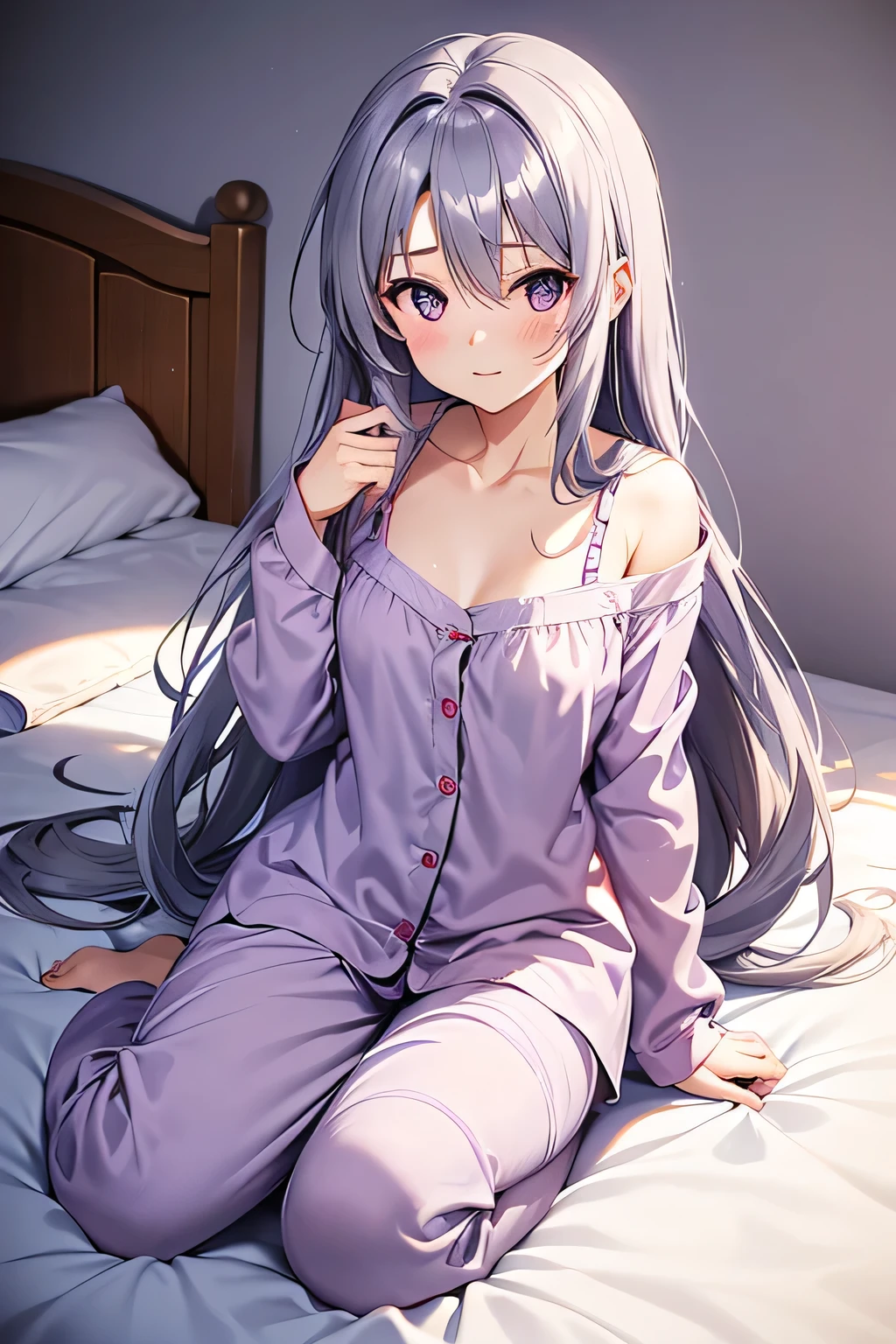 Adult Anime Girl 2d Long Hair Loose light Purple-Grayish, Age Adulthood adult, cute pijama, long pijama, over the bed, Forehead sleep mask , day, sun, happy