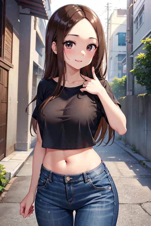 ((masterpiece,Highest quality;1.3,best illustration)),cowboy shot,1woman、25 year old beauty、独奏,((very small head:1.3)),brown hair,straight long hair,bangs,brown eyes,gorgeous eyes,blush,small breasts,((very long body:1.3)),((toned body,slender body,skinny)),gleaming skin,shiny skin,oily skin,(White tight T-shirt、denim micro shorts)、on street,Tokyo,