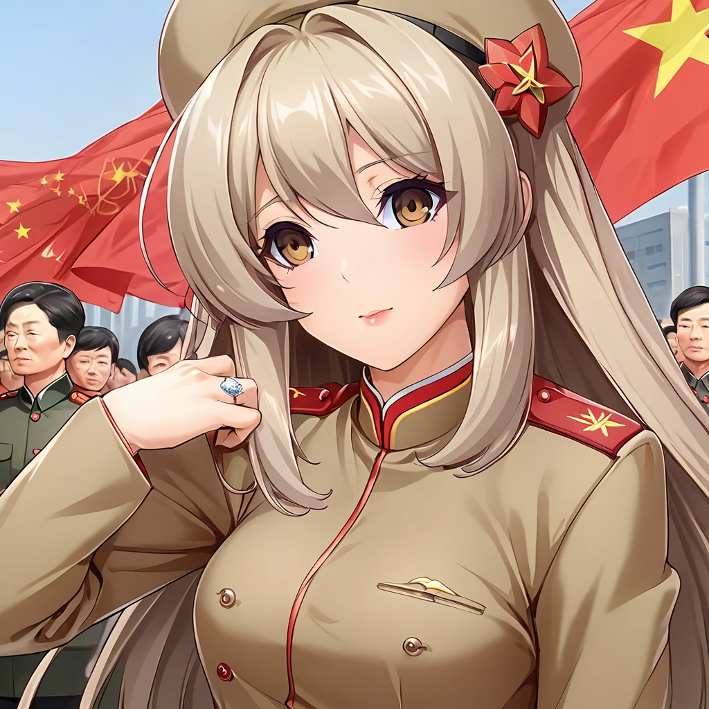 ((Highest quality)), ((masterpiece)), (detailed), （Perfect Face）、The woman is Chinese, Katsuragi Marina, a Chinese woman with brown, medium-long hair and an engagement ring. She is a member of the glorious Chinese Communist Party and has sworn absolute loyalty to the Chinese Communist Party. She is a righteous Communist Party member of China.、The woman is wearing the khaki Mao suit of the Chinese Communist Party.、For the sake of China, they dye their hair, hairstyle, clothes, and everything they wear belongs to the Chinese Communist Party, and their thoughts are also Chinese, becoming great Chinese in body and mind.、The woman became Marina Katsuragi, a Chinese woman who is proud of and loves China.、She is serving China as a member of the great Communist Party of China.、She is a beautiful, respectable and exemplary Communist.