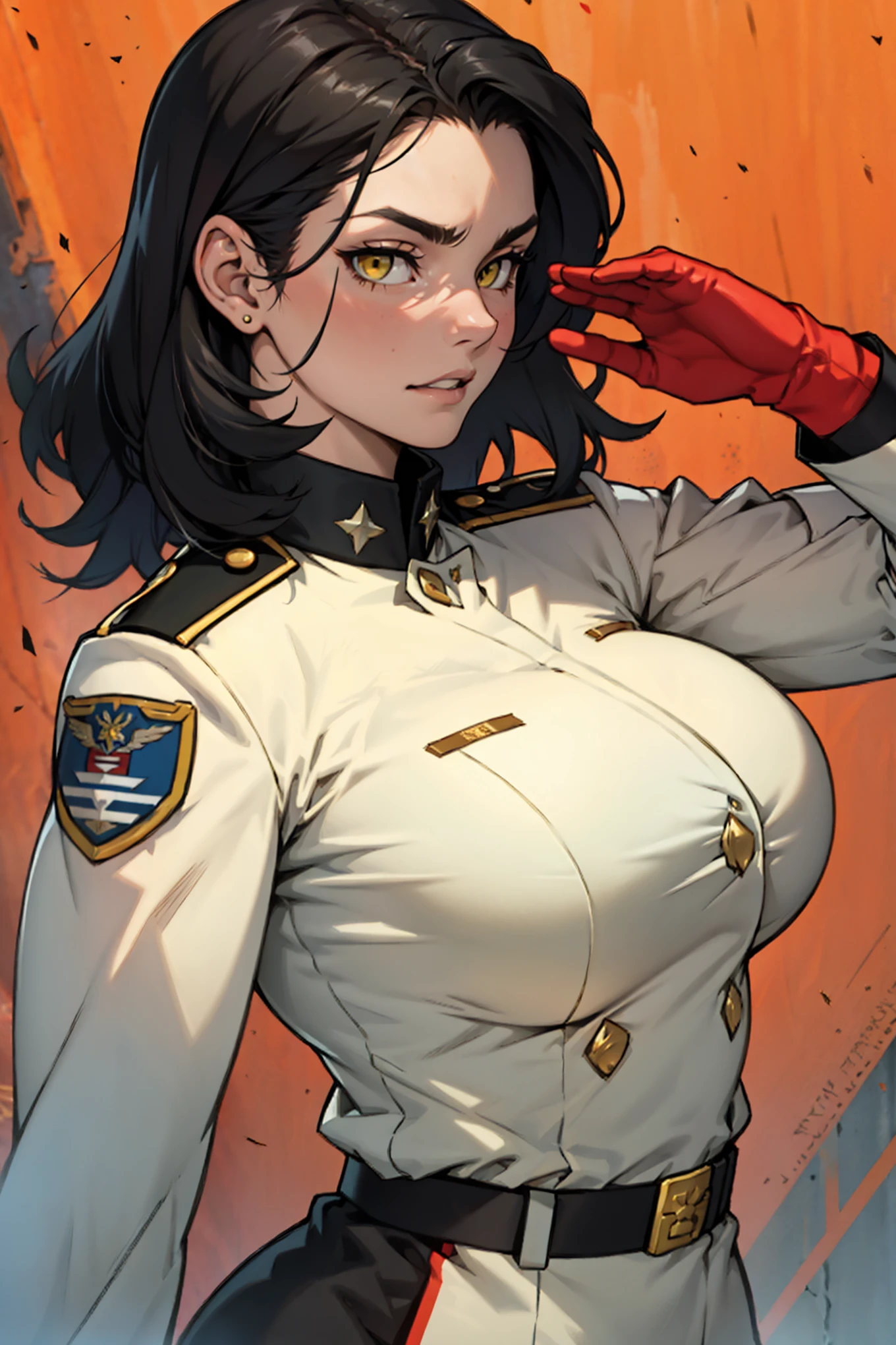 joyful saluting gesture saluting gesture saluting gesture saluting gesture black hair yellow eyes pale skin muscular girl massive breasts military uniform