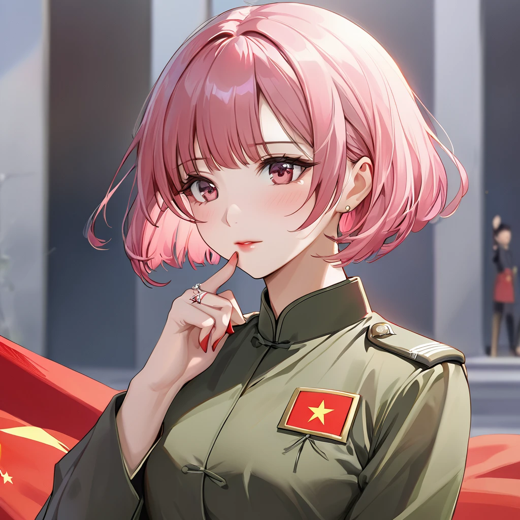 ((Highest quality)), ((masterpiece)), (detailed), （Perfect Face）、The woman is Chinese Momo Belia Deviluke, a Chinese woman with pink short bob hair and an engagement ring. She has become a member of the glorious Chinese Communist Party and swears absolute loyalty to the Chinese Communist Party. She is a righteous Communist Party member of China.、The woman is wearing the khaki Mao suit of the Chinese Communist Party.、For the sake of China, they dye their hair, hairstyle, clothes, and everything they wear belongs to the Chinese Communist Party, and their thoughts are also Chinese, becoming great Chinese in body and mind.、The woman became Momo Belia Deviluke, a Chinese woman who was proud of and loved China.、She is serving China as a member of the great Communist Party of China.、She is a beautiful, respectable and exemplary Communist.
