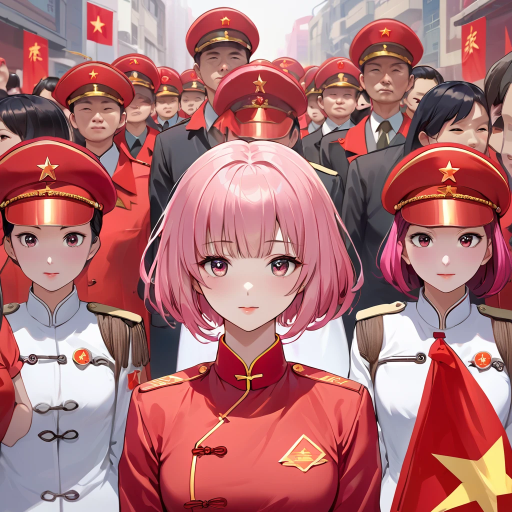 ((Highest quality)), ((masterpiece)), (detailed), （Perfect Face）、The woman is Chinese Momo Belia Deviluke, a Chinese woman with pink short bob hair and an engagement ring. She has become a member of the glorious Chinese Communist Party and swears absolute loyalty to the Chinese Communist Party. She is a righteous Communist Party member of China.、The woman is wearing the khaki Mao suit of the Chinese Communist Party.、For the sake of China, they dye their hair, hairstyle, clothes, and everything they wear belongs to the Chinese Communist Party, and their thoughts are also Chinese, becoming great Chinese in body and mind.、The woman became Momo Belia Deviluke, a Chinese woman who was proud of and loved China.、She is serving China as a member of the great Communist Party of China.、She is a beautiful, respectable and exemplary Communist.