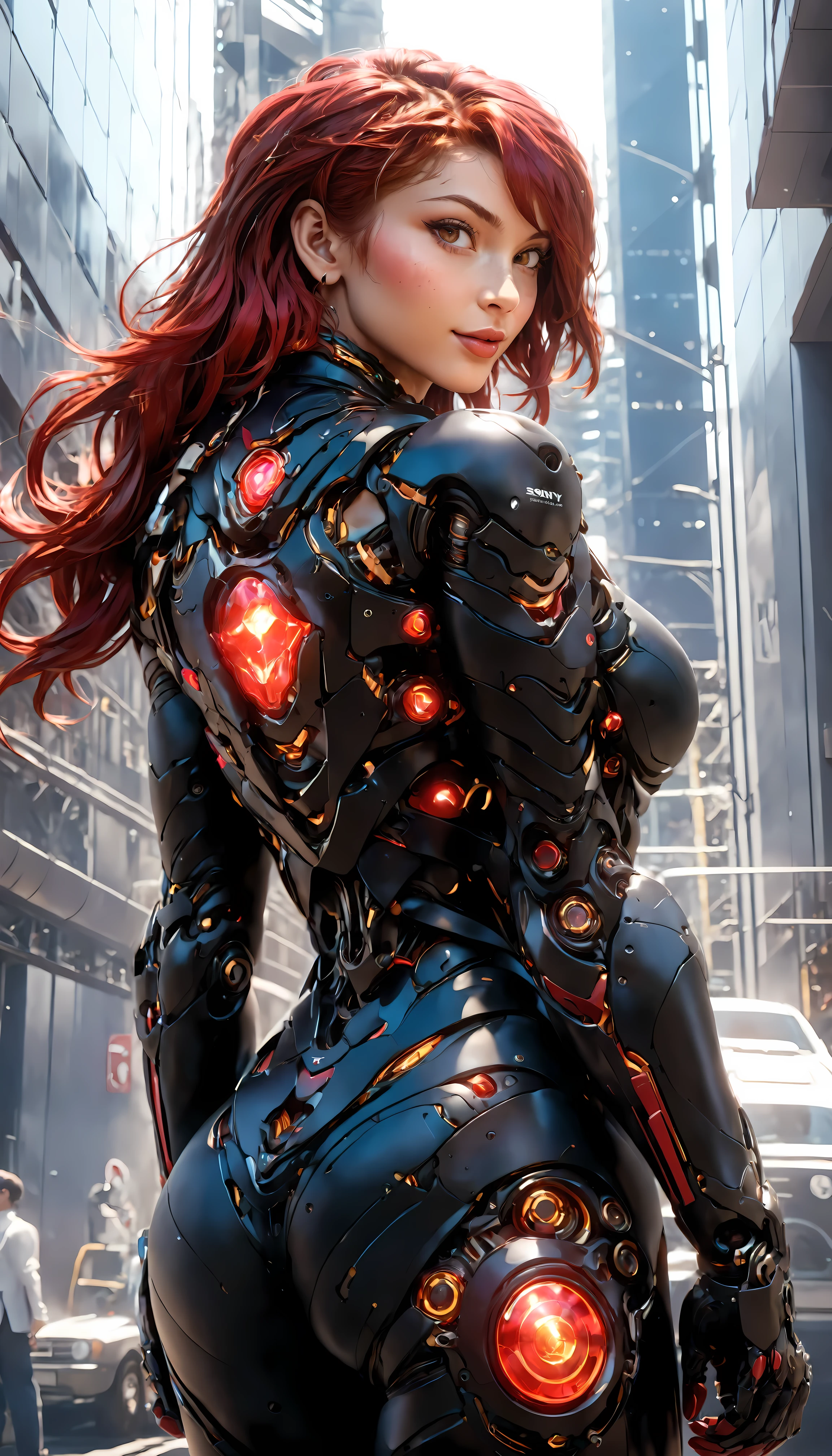 ultra realista 8k CG, (futurist:, perfect work of art, Masterpiece artwork, cidade futurist, era futurist, mechnical, fancy), (((detailed back ground))) sexy 20 year old muscular model woman, incredibly beautiful, fully body, Looking at camera, black wavy shiny hair, Portrait 50mm, glamour, gentle curves, gigantic ass, Broad Hips, fleshy, moist lips, perfect cybernetic body, abs perfect, ultra realistic, floor, smile, glowing eyes, red hair, hair over shoulder, shiny hair, medium hair, 3d, Hyperrealism, Futurism, high detail, glowing light, glowing light, first-person view, Sony FE, retina, accurate, masterpiece, anatomically correct, textured skin, super detail, award winning, best quality, highres, 4K, 8k, 16k