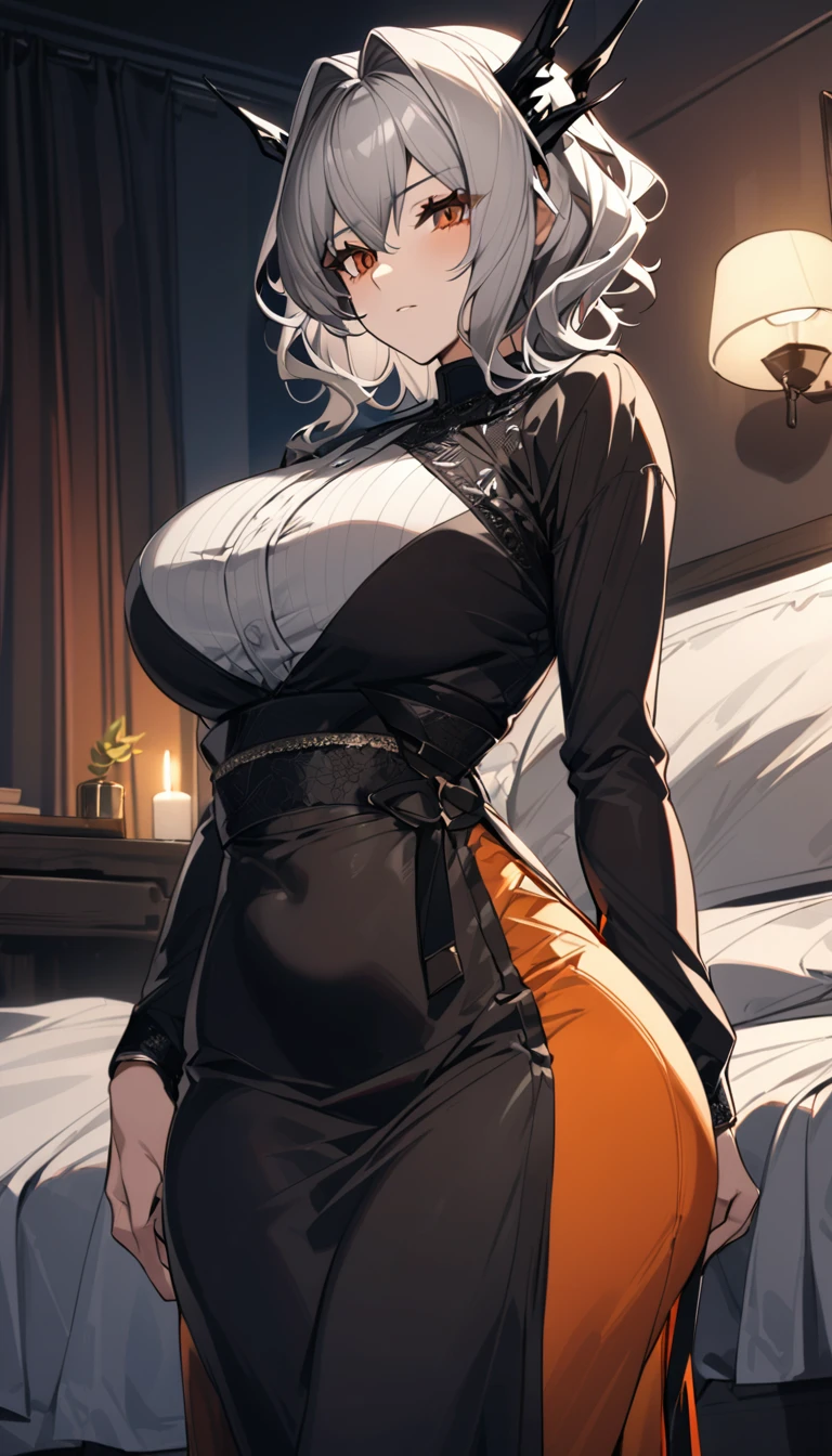 Talulah(Arknights),grey hair,curvy body, wearing clothes(Muslim attire),bedroom, night setting,close view.