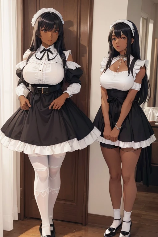 (isade),(Posing standing and with the body facing Fourth wall:1.5),+,(1 girl),(Mature body woman), (pretty: 1.5), (super hot: 1.5), (dark skin: 2.0), (long dark purple hair and dark purple eyes), (And super gigantic breasts: 1.5), (Height 1.20), (beautiful young woman), (super beautiful 18 year old ),(Slender body),(slim body),(slim body),(thin waist with hot hips),(large breasts and ass),(young mature and sexual woman's body),(Wearing),+,(A maid dress has a wide, voluminous skirt, often with layers of tulle or ruffles, providing an effect of lightness and movement. Color: Predominantly black, with white details. Neckline: Typically sweetheart-shaped or with a white collar, which adds an elegant contrast. Sleeves: They can be short or long, often with details such as lace or ribbons. Waist: Often, the dress is adjusted at the waist with a bow or belt, accentuating the silhouette. Accessories Apron: A white apron is an essential element, usually adorned with lace or embroidery, that covers the front of the dress. Cap: A white cap, which can vary in size and style, is worn on the head, symbolizing the role of a maid. Socks: Long socks, usually white or black, which may have details such as stripes or lace, complement the look. Shoes: Low-heeled shoes or flats, often black, that are comfortable and elegant.)