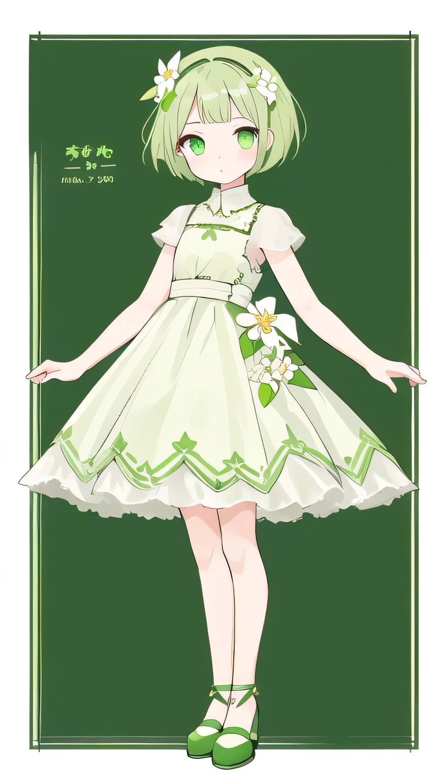 Green short hair girl full body picture, Green eyes, Small white flower hair accessories , Green dress , Short stature ,1 girl ,White background , standing