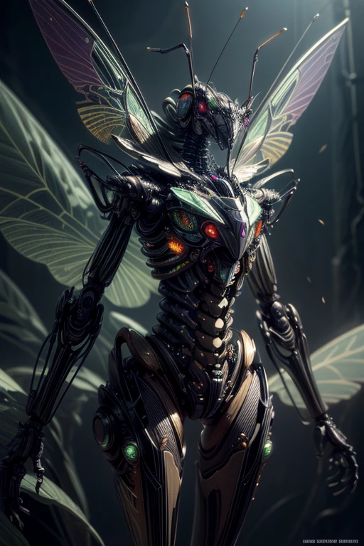 a Praying Mantis mechanical creature, delicate intricate mechanical details, flapping wings, insect-like hybrid body, highly detailed, photorealistic, 8k, hyperrealistic, intricate robotic mechanisms, bioorganic textures, ethereal lighting, moody dramatic lighting, deep shadows, vibrant colors, mesmerizing, surreal, cinematic composition