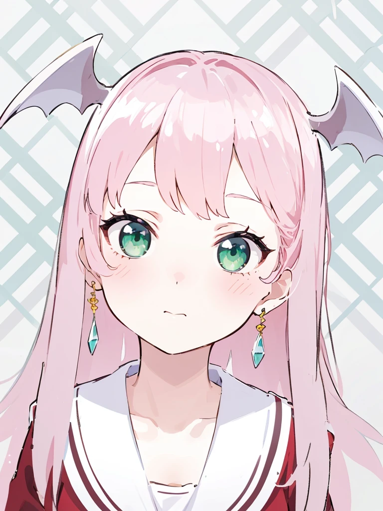 (masterpiece, best quality:1.3) highly detailed, ultra detailed, high resolution, absurdres, anime, 1 young woman, short hair, whole body, pink hair, red sailor costume, green eyes