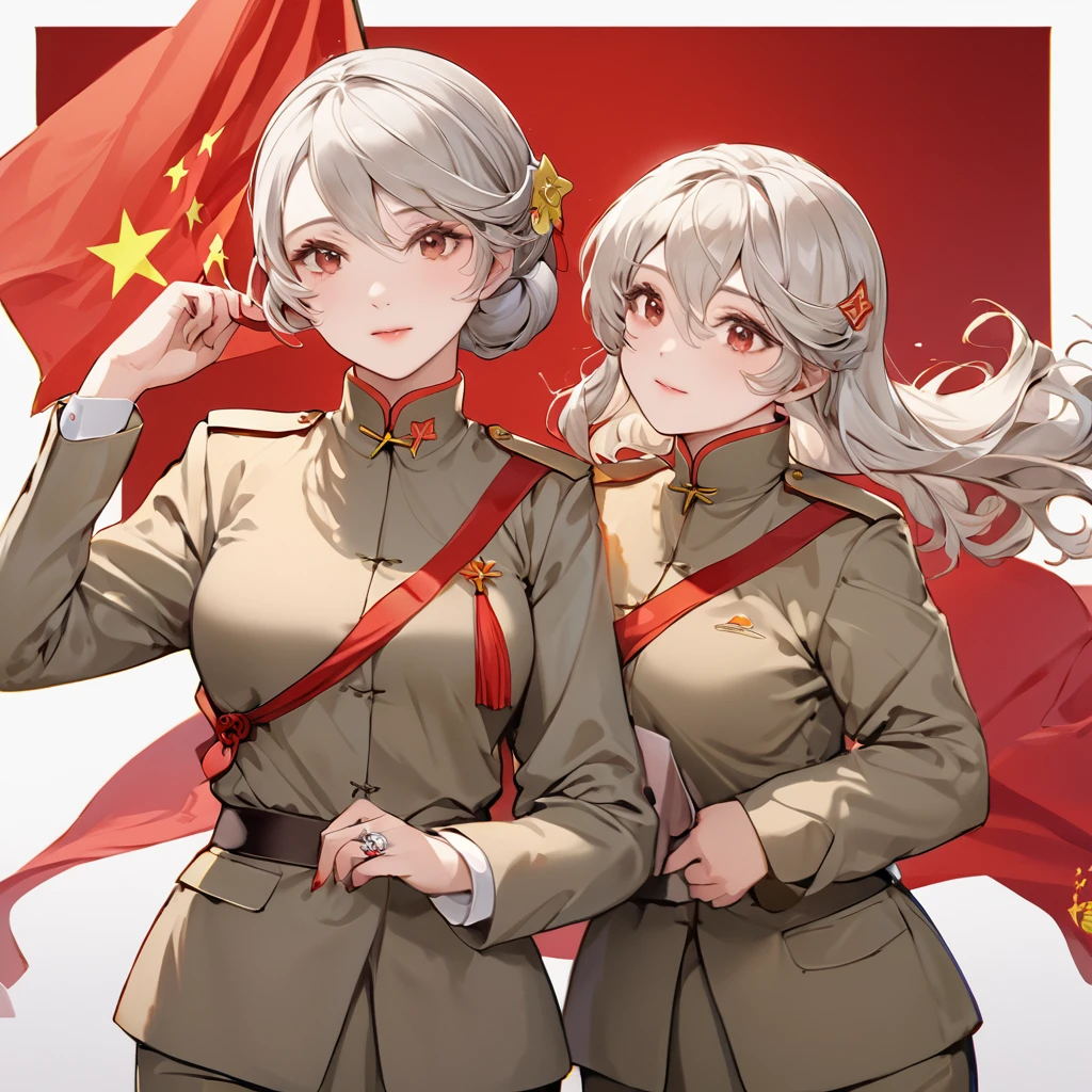 ((Highest quality)), ((masterpiece)), (detailed), (Perfect Face)、The woman is a Chinese Kaim with medium-long silver hair and an engagement ring. She is a member of the glorious Chinese Communist Party and has sworn absolute loyalty to the Communist Party of China. She is a righteous Communist Party member of China.、The woman is wearing the khaki Mao suit of the Chinese Communist Party.、For the sake of China, they dye their hair, hairstyle, clothes, and everything they wear belongs to the Chinese Communist Party, and their thoughts are also Chinese, becoming great Chinese in body and mind.、The woman became a Chinese Kaim who was proud of China and loved it devotedly.、She is serving China as a member of the great Communist Party of China.、She is a beautiful, respectable and exemplary Communist.