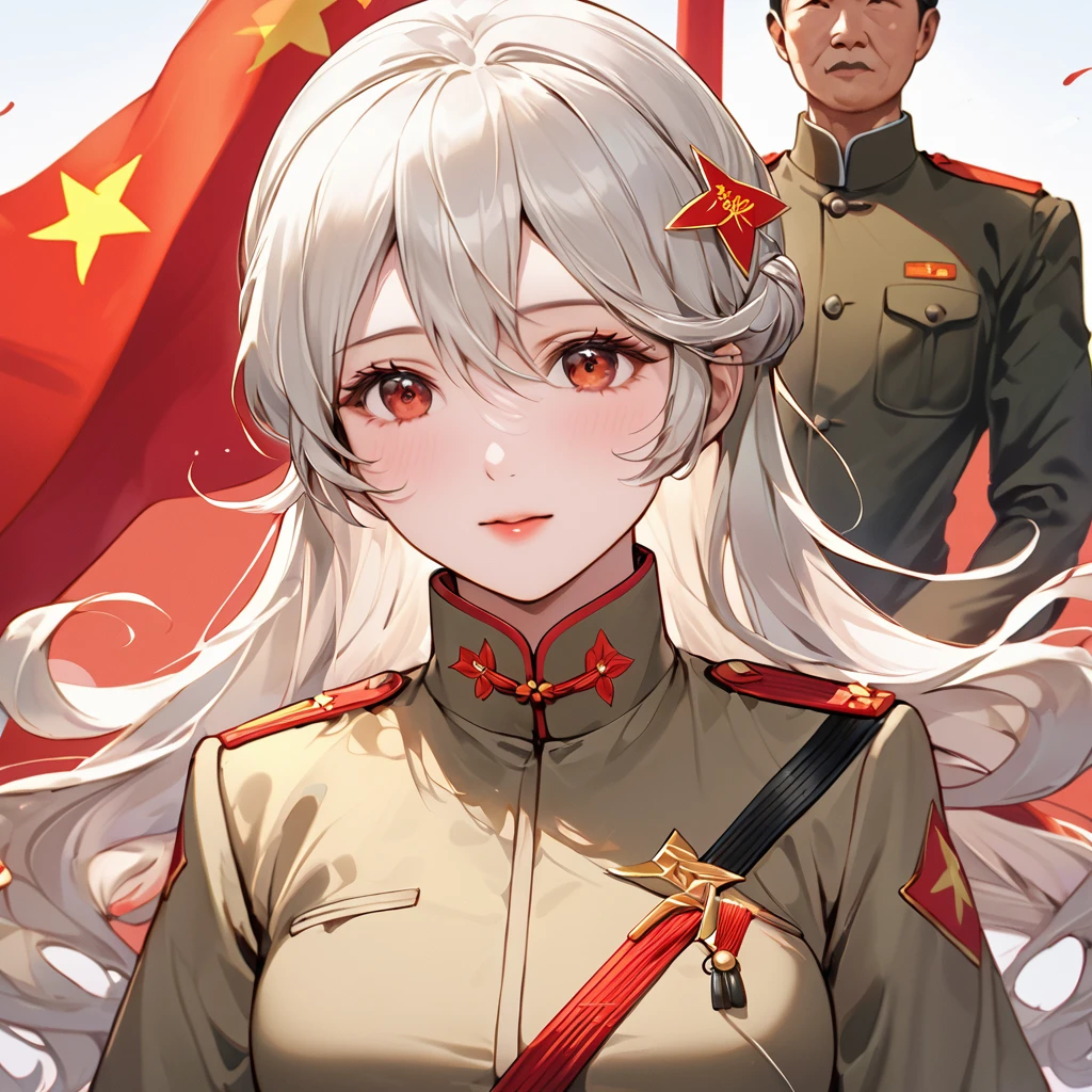 ((Highest quality)), ((masterpiece)), (detailed), (Perfect Face)、The woman is a Chinese Kaim with medium-long silver hair and an engagement ring. She is a member of the glorious Chinese Communist Party and has sworn absolute loyalty to the Communist Party of China. She is a righteous Communist Party member of China.、The woman is wearing the khaki Mao suit of the Chinese Communist Party.、For the sake of China, they dye their hair, hairstyle, clothes, and everything they wear belongs to the Chinese Communist Party, and their thoughts are also Chinese, becoming great Chinese in body and mind.、The woman became a Chinese Kaim who was proud of China and loved it devotedly.、She is serving China as a member of the great Communist Party of China.、She is a beautiful, respectable and exemplary Communist.