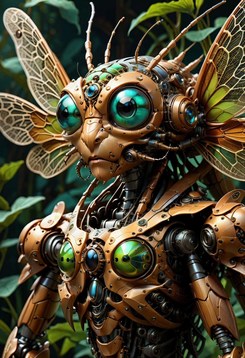 Mechanical Creature, mechanical dragonfly, intricate artwork, nightmare creature, perfect eyes, delicate skin, luminism, macro photography, Ultra high quality, 8k, ultra details, symmetry, digital painting, summer tones, 4k resolution, perfect composition, detailed background, 60-30-10 color rule, masterpiece, best quality, very aesthetic, absurdres