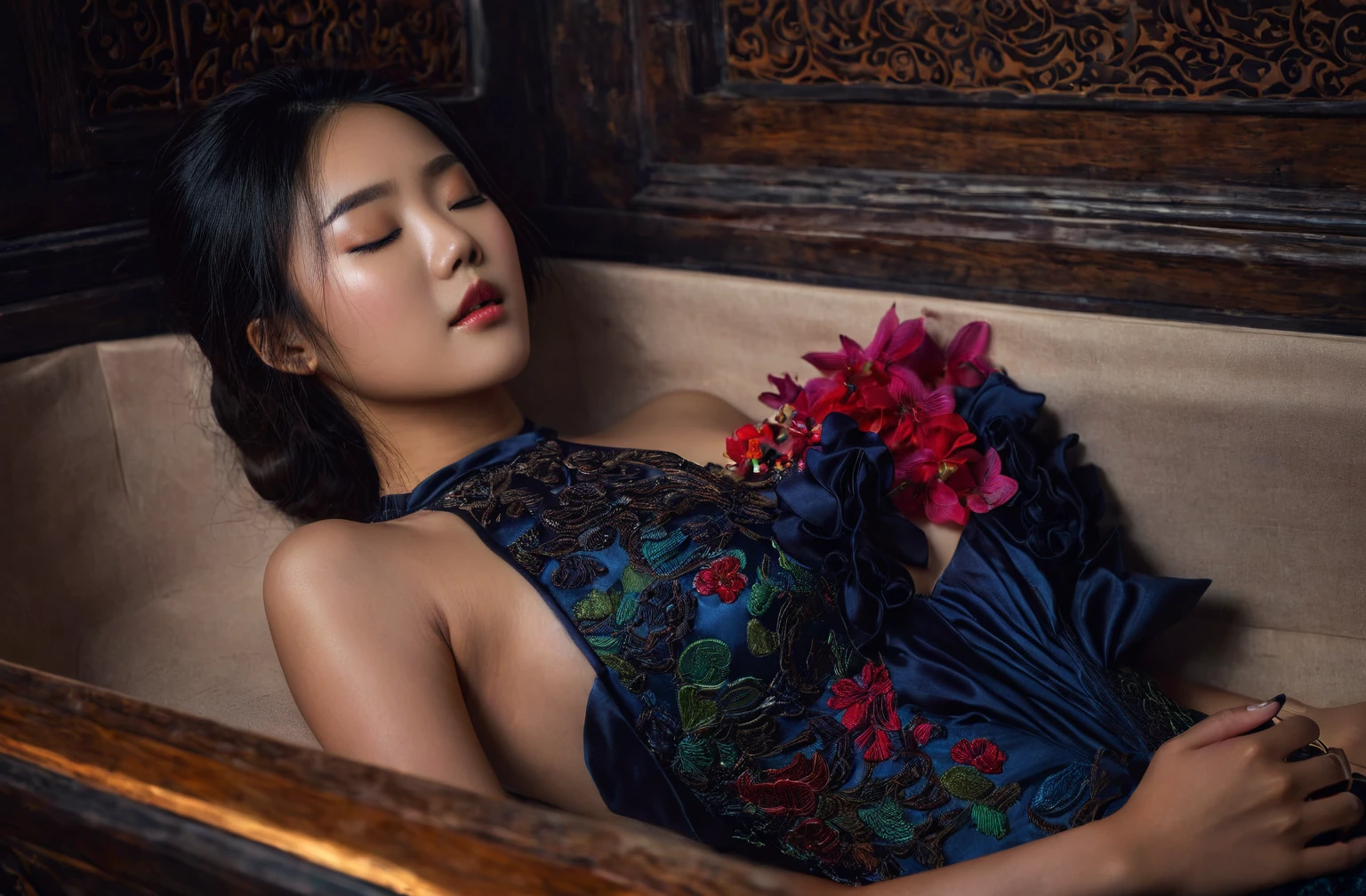 In a striking 8K HDR scene, a stunning Korean woman, 22 years old, lies peacefully in a black coffin surrounded by plush pillows. The deep box is set against a rich black background, accentuating the beauty of the subject. Her exquisite deep-V neckline kebaya attire is embroidered with superb detail, showcasing her round and firm breasts, perfect cleavage, and beautiful eyebrows. Her closed eyes and mouth give an air of serenity, while her visible and absolute cleavage leave nothing to imagination. The scene is bathed in saturated colors, highlighting every intricate aspect from the ball skirt to her clean face, straight body, detailed hand perfect hands, straight body, own hands together, own hand on stomach, detailed hands, perfect hands.