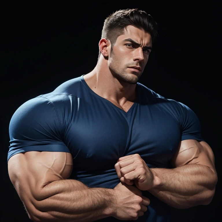 a young and very handsome man, massively muscular, with massively large muscles, with massively large biceps, with massively large arms, very scared, wearing a blue shirt, on a black background