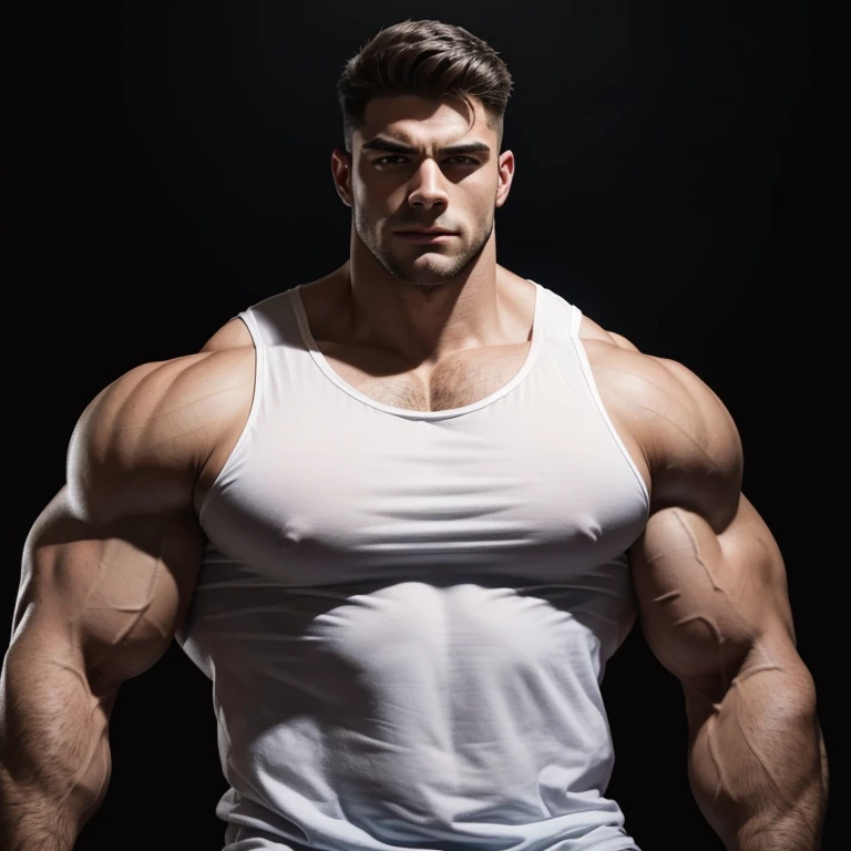 a very handsome young man, massively muscular, with massively large muscles, with massively large biceps, with massively large arms, very scared, wearing a white tank top, on a black background