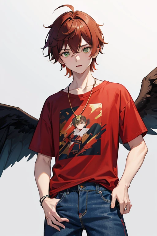 Xiao from Genshin Impact, boy, 16 years old, messy reddish brown hair, green eyes, open red t-shirt with black wing print, necklace with a golden cross, blue jeans, looking in profile directly at the viewer, white background