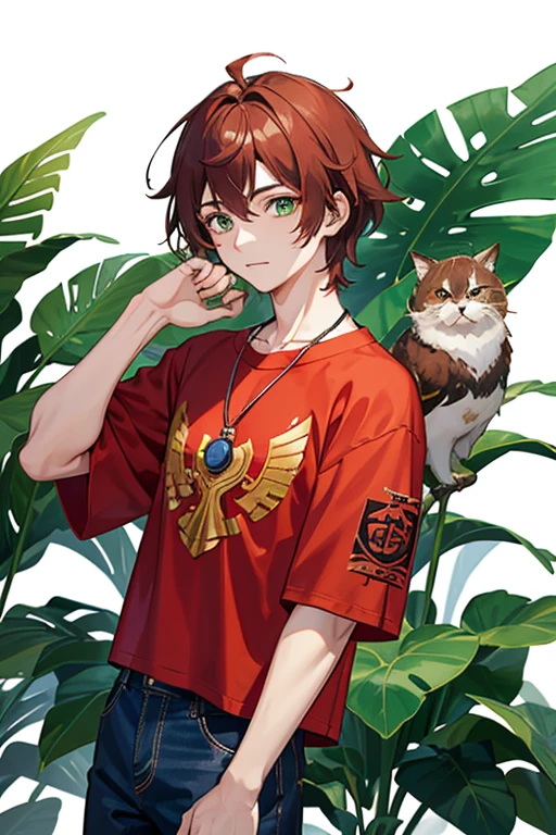 Xiao from Genshin Impact, boy, 16 years old, messy reddish brown hair, green eyes, open red t-shirt with black wing print, necklace with a golden cross, blue jeans, looking in profile directly at the viewer, white background