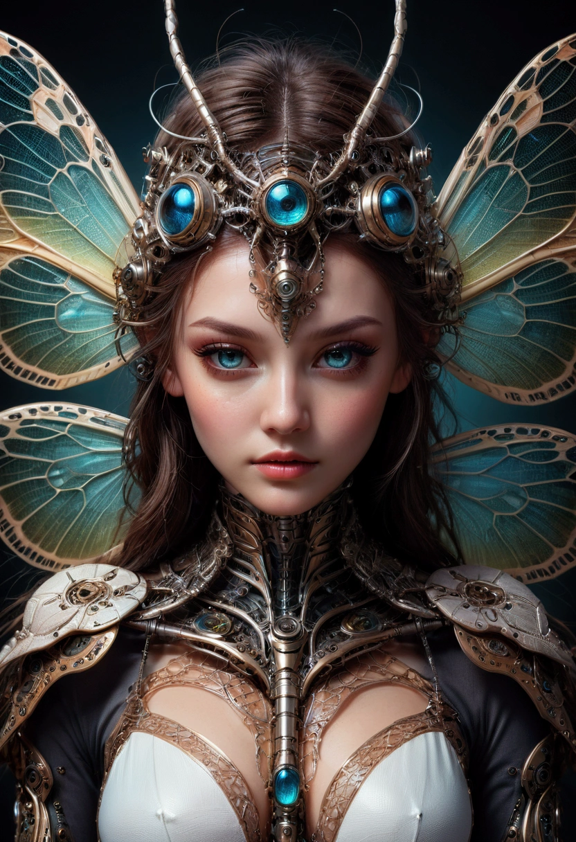 Mechanical Creature, mechanical dragonfly, intricate artwork, nightmare creature, perfect eyes, delicate skin, luminism, macro photography, Ultra high quality, 8k, ultra details, symmetry, digital painting, summer tones, 4k resolution, perfect composition, detailed background, 60-30-10 color rule, masterpiece, best quality, very aesthetic, absurdres
