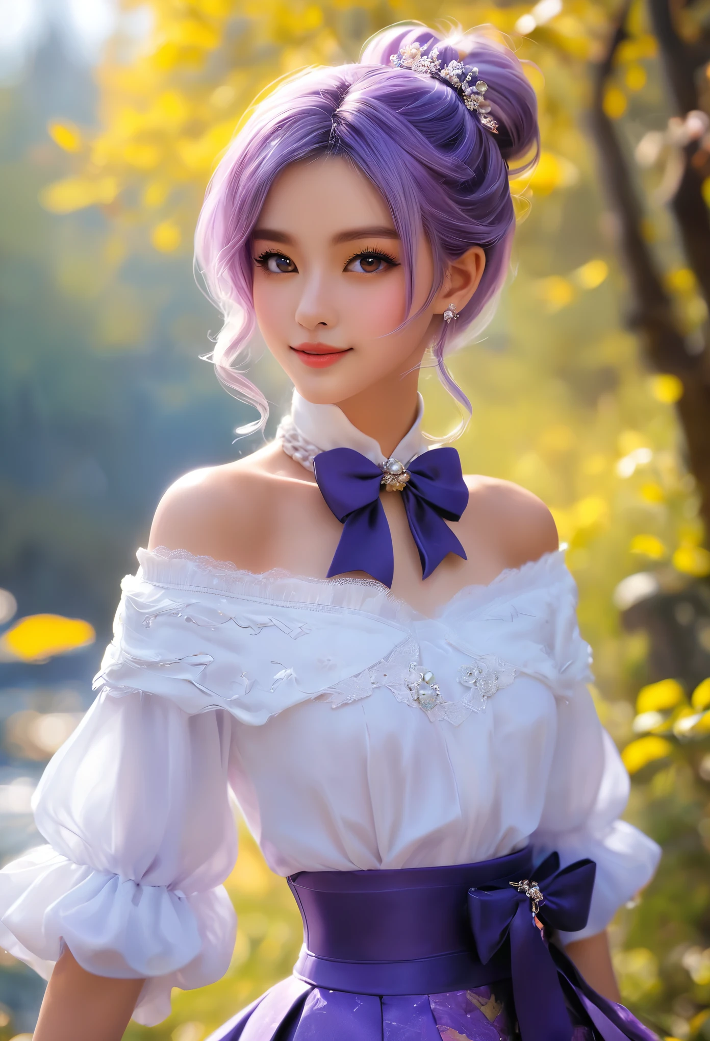 (Realistic painting style:0.9), masterpiece, Highest quality,  Absurd, View your viewers, alone, Stingy (Lantern Ceremony) (Genshin Impact), Stingy (Genshin Impact), Hair Bun, skirt, scarf, purple sweater, white skirt, Purple Hair, sweater, Twin tails, Purple eyes, Diamond-shaped pupils, hair ornaments, Exposing shoulders, smile, chest, cone Hair Bun, Long Hair, belt, Double Bang, Long sleeve, bangs, bow, Hair Flower, hair bow,ribbon, hair ribbon, Braiding, Plaid scarf, Plaid, Off the shoulder