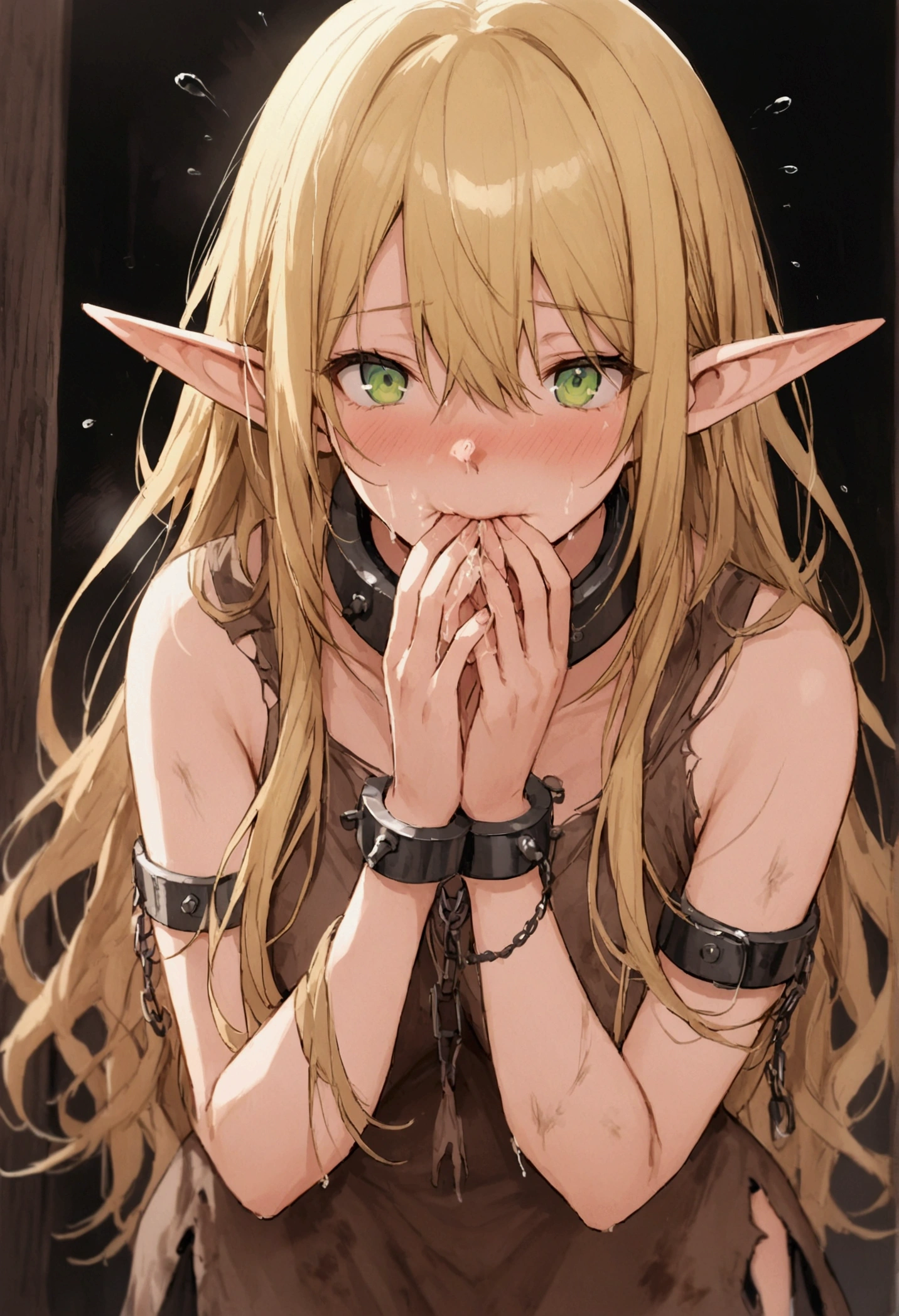 anime. young woman. elf. edge. edge collar. shackles. Dirty tunic. torn tunic. blonde. long hair. green eyes. beautiful eyes. pointed ears. cold. runny nose. sneeze. sneezes. Snot flows from the nose. Covers nose with hands. Snot flows from the nose onto the palm after sneezing. standing. Full body.
