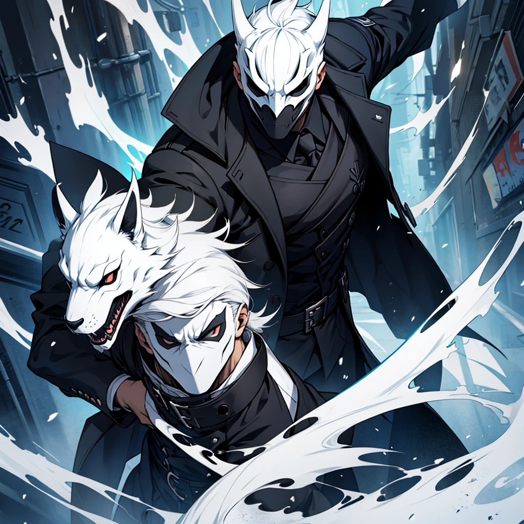 Just a character in a black overcoat with a white mask, you can&#39;t see his face, igual do himuro tempest. Charging a powerful punch with his arm glowing with red.