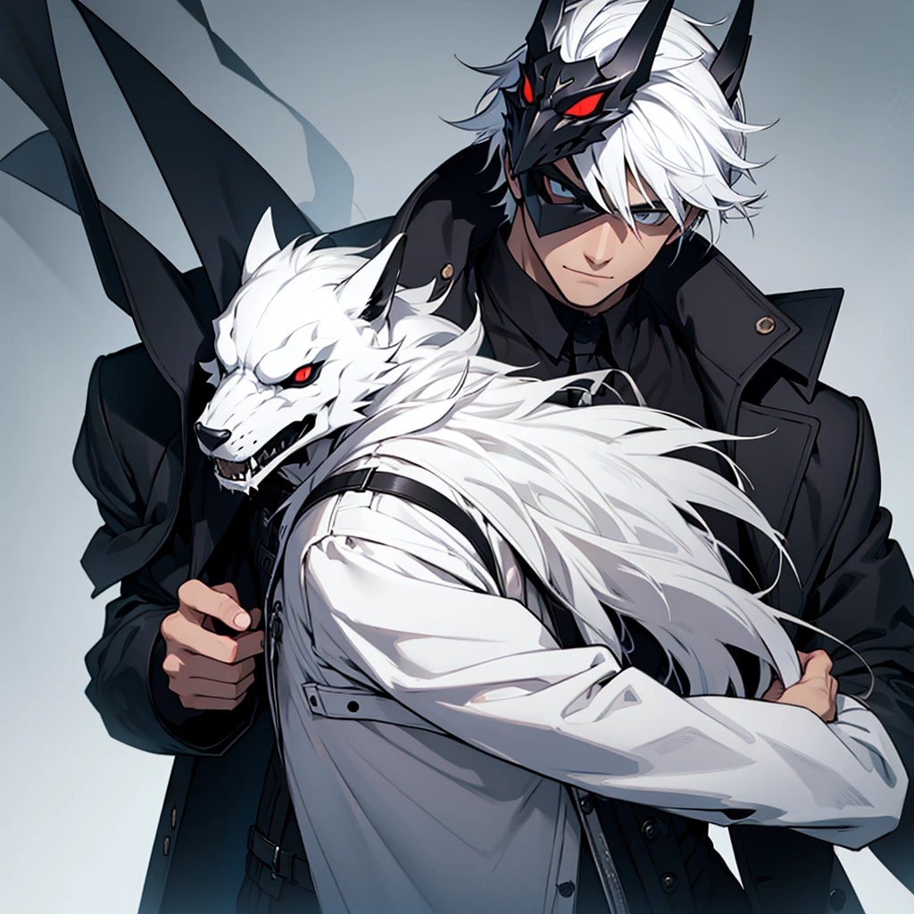 Just a character in a black overcoat with a white mask, you can't see his face, igual do himuro tempest. Charging a powerful punch with his arm glowing with red.