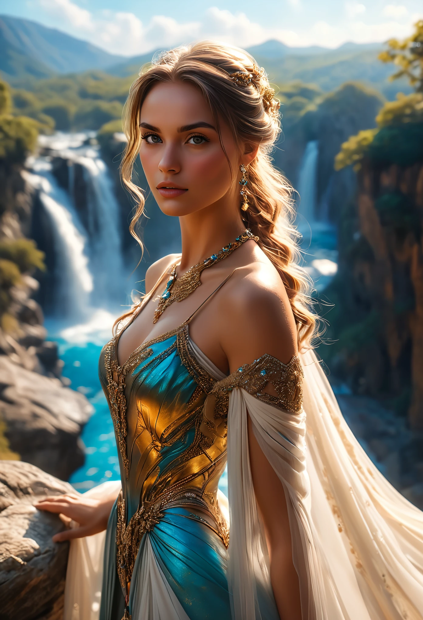 Cliff overlooking the waterfall, There are some arch-shaped stones on the top, Matte painting 8k, Matte Paint 8K, Portrait Wallpaper 8K, Portrait Wallpaper 8K, Portrait Wallpaper 4K, Portrait Wallpaper 4K, The Lost Series, realistic fantasy render, 8K resolution digital painting, 8K resolution digital painting,  Jessica Rossier Fantasy Art, 4K rendered matte paint, 3D rendered matte paint  