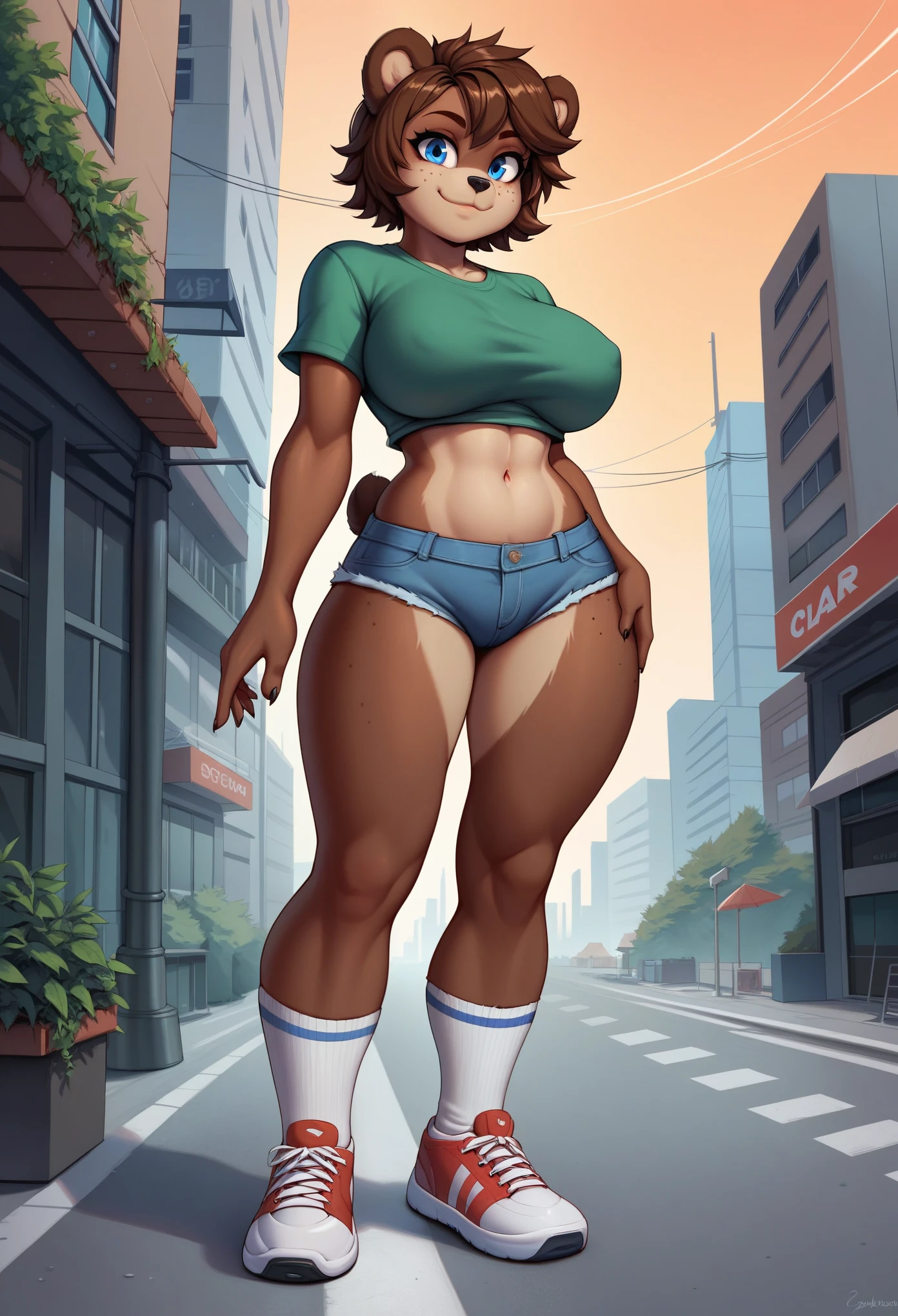 score_9, score_8_up, score_7_up, 1girl, solo, hourglass figure, , (furry bear girl), (brown fur skin), bear ears, brown hair, short hair, messy_hair, blue eyes BREAK freckles, green shirt, short sleeves, navel, denim shorts, high socks, white socks, sneakers, standing, smile, closed mouth, looking at viewer, outdoors, urban area, orange sky, buildings, streets