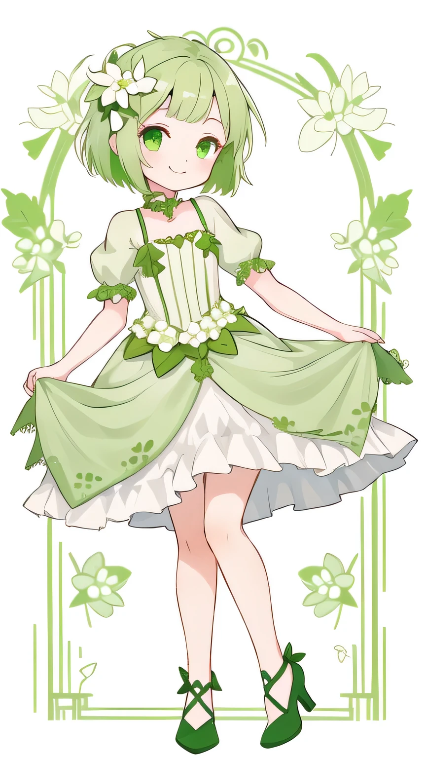 Green short hair girl full body picture, Green eyes, Small white flower hair accessories , Green dress , Short stature ,1 girl ,White background , standing , smiling
