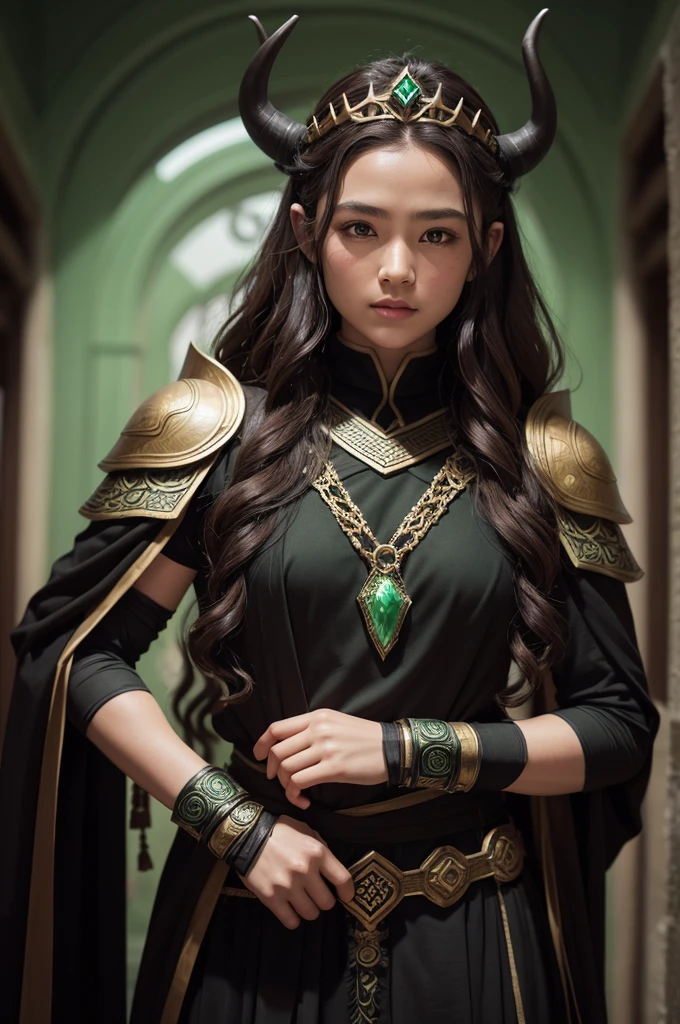 Raise a young, with brown curly hair, monk in black obsidian armor with green details, a tiara with horns similar to Loki from Marvel