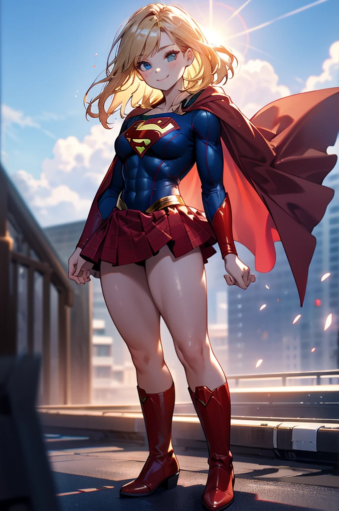masterpiece, 4K, 8k, high quality, Very detailed, Detailed face, High resolution, Vibrant colors, Natural light, Best Shadow, Shallow depth of field, Portraiture (Supergirl:1.1) standing on a roof, smile, Red Skirt, Red Cape, red boots with heels, delicate, Captivating blue eyes, Nice medium sized breasts, blonde, (Superman symbol on chest:1.2), barefoot, blue sky, sunlight, cloud, sun, bloom,Strike a Pose,A bold stance、(((Leotard visible from skirt,Man muscle))),Thick thighs,Big Breasts,