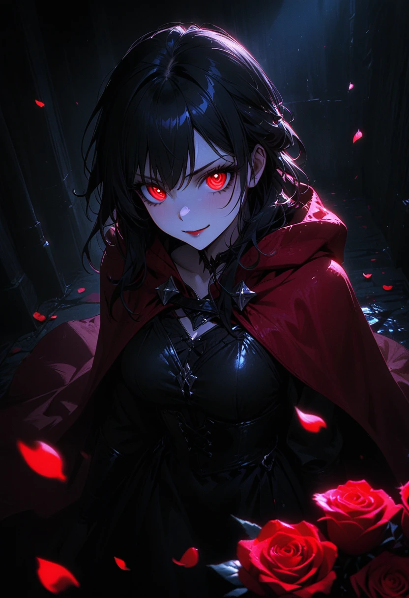 (full body portrait), 1girl, solo, holding weapon, sword, (long black hair), detailed face, mischief expression, pale white skin, red eyes, (detailed eyes), long eyelashes, black eye liner, red lipstick, black tunic, red cloak, long dress, leather glove, (chest armor), moonlight, hard lighting, blue light, cold light, (medieval theme), (masterpiece), super detailed, best quality, POV, dw01-3400