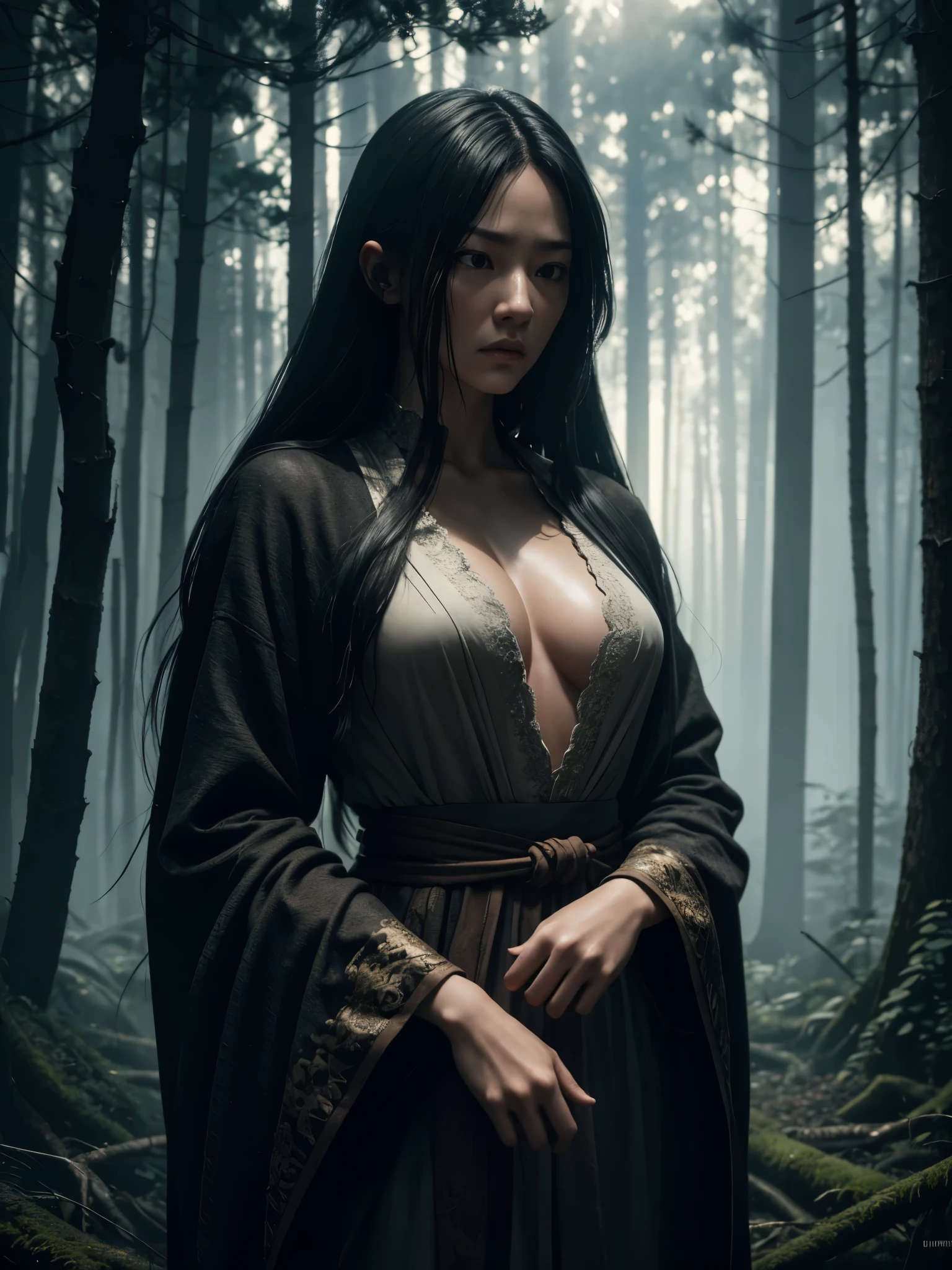 8k,crawl on the ground in the forest,Very normal breasts,A high resolution,real looking skin,Horror movie shot of creepy,very long black hair, Sadako,Super beauty(Like the real thing), wearing a dirty gown, eerily distorted face,thirds rule, Tonal color scheme, Pale Brown,  Bokeh, mystery, Horror, eery, creepy, Moody lighting, In the style of Denis Villeneuve, Film Still, cinestill 800,Fantasyart,character art,sexy for,Horrific morphology,grudge,Grievances, 8K, ultra high res.photorealistic, UHD, realistic hands, textured skin, high details, high quality, [[photorealistic Chromatic aberration]], digital photograph, HDR, high contrast, (cowboy shot), masterpiece. [The sceneis surrounded by mist, evoking a mysterious and eerie atmosphere. The lighting is dark and atmospheric, with smoke adding a touch of sinister ambiance. Best quality image, HDR enhancement, showcasing the utmost level of detail and realism, full body shot:1.5]. [8K, Best Quality, Ultra High Resolution, (highly detailed CG unity 8k wallpaper), (best photo), (best shadows), isometric 3D, octane rendering, ray tracing, highly detailed, (Best quality, 4K, 8k:1.2), absurdity, ultra detailed, (realistic, photorealistic, photorealistic:1.37), complex parts, HDR, (complex parts:1.12), (hyper detailed, hyper realistic, Soft lighting, spicy:1.2), (complex parts, Hyper detailed:1.15). Blurred foreground. (backlit), masterpiece, high quality, brightness, chromatic aberration, foggy smoke, shadows, contrast, clear sky, (warm hue, warm tone), high details, natural reflections]. (YES SFW), many details.