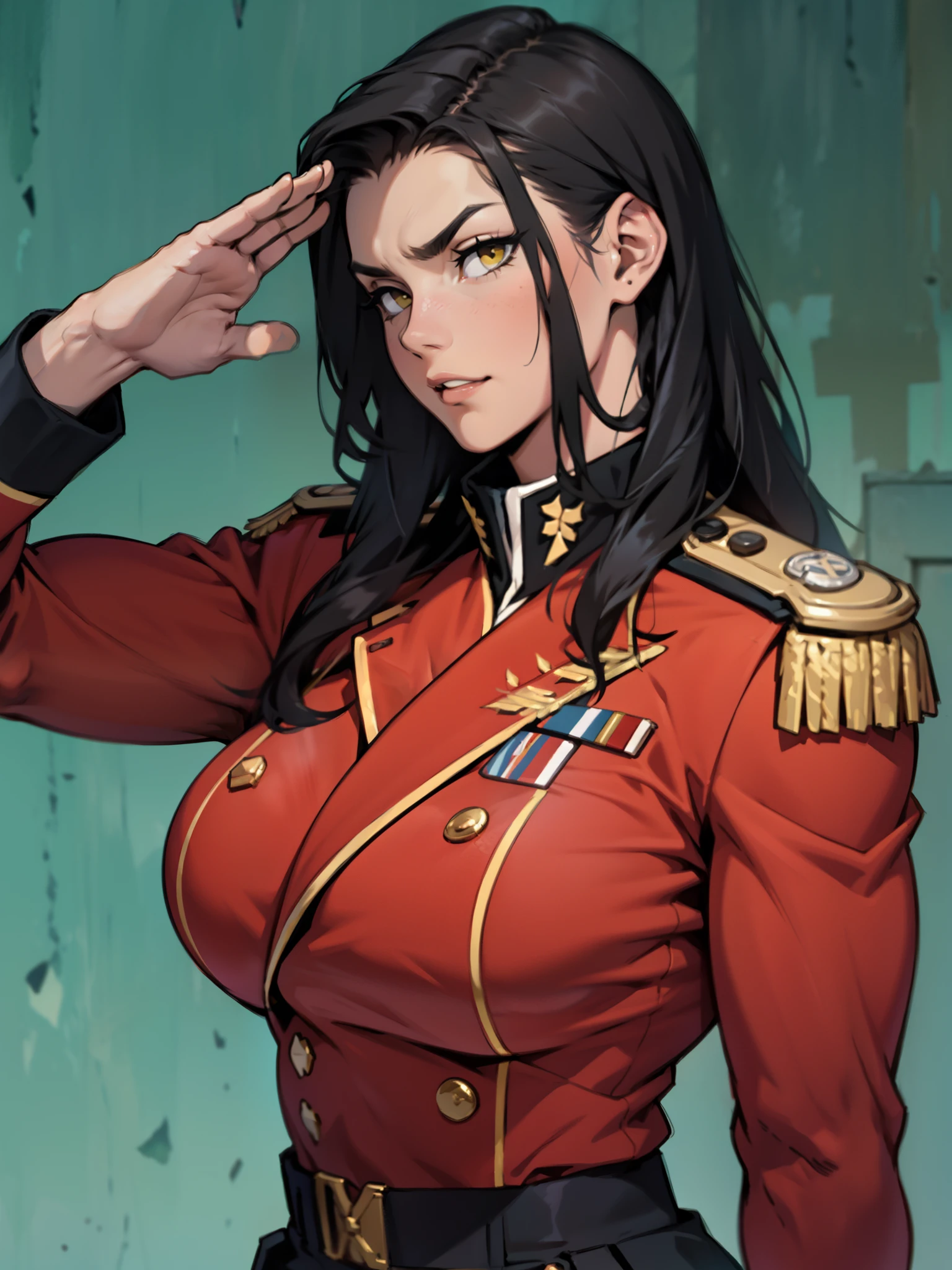 joyful saluting gesture saluting gesture black hair yellow eyes pale skin muscular girl massive breasts military uniform