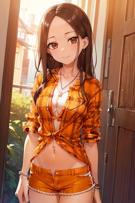 Takagi-san、Shiny brown hair, Long Hair,Forehead、Center part、 Beautiful brown eyes、smile、Sparkling eyes, (fine grain)、Very fine eye、Highly detailed face, Highly detailed eyes,
(masterpiece:1.3, Highest quality, 超High resolution, Super detailed), Cowboy Shot、 One woman,Highest quality, masterpiece, High resolution,
(Orange Flannel Shirt&White low rise skinny shorts with unbuttoned front:1.8)、((necklace、Wear earrings:1.5))、
