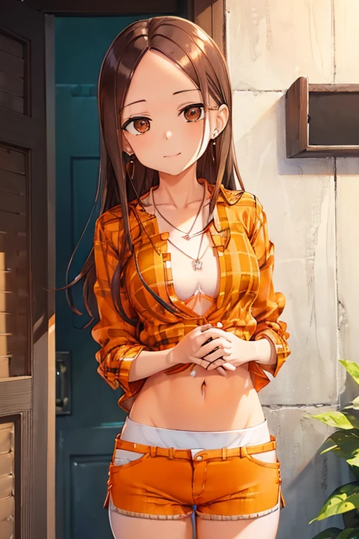 Takagi-san、Shiny brown hair, Long Hair,Forehead、Center part、 Beautiful brown eyes、smile、Sparkling eyes, (fine grain)、Very fine eye、Highly detailed face, Highly detailed eyes,


(masterpiece:1.3, Highest quality, 超High resolution, Super detailed), Cowboy Shot、 One woman，Highest quality, masterpiece, High resolution, 


(Orange Flannel Shirt&White low rise skinny shorts with unbuttoned front:1.8)、((necklace、Wear earrings:1.5))、