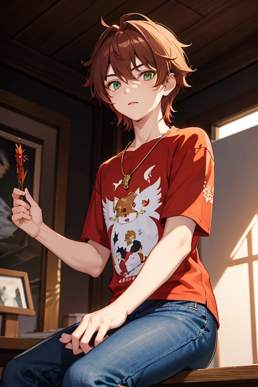 Xiao from Genshin Impact, boy, 16 years old, messy reddish brown hair, green eyes, open red t-shirt with black wing print, necklace with a golden cross, blue jeans, looking in profile directly at the viewer, white background