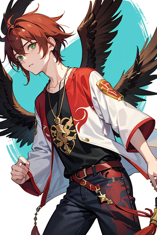 Xiao from Genshin Impact, boy, 16 years old, messy reddish brown hair, green eyes, open red t-shirt with black wing print, necklace with a golden cross, blue jeans, looking in profile directly at the viewer, white background