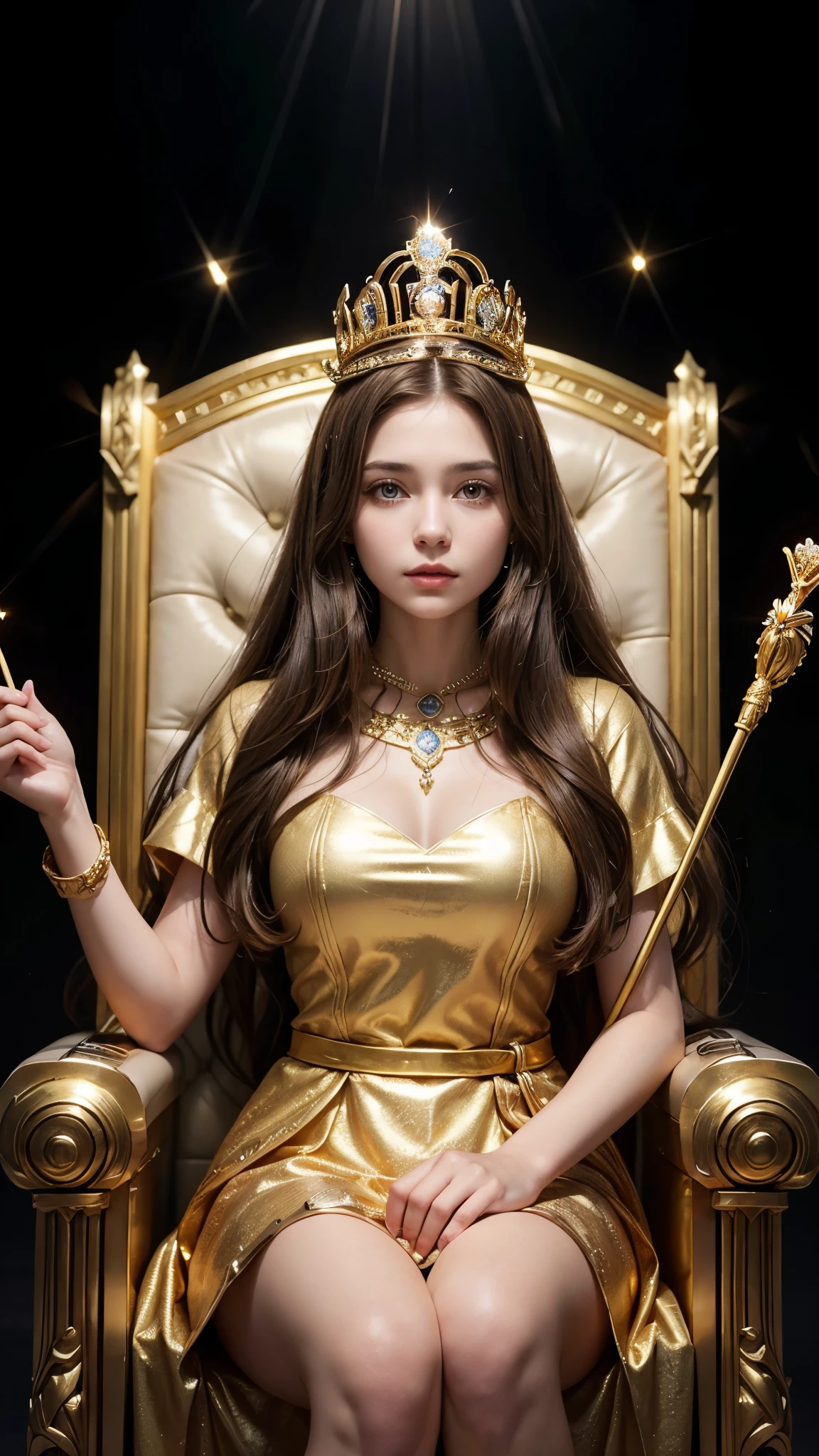 Young brunette woman, long hair and brown eyes. Bullish. in a golden dress. queen with crown and scepter in her hand. sitting on throne. Partially lit scene. With a spotlight on her.