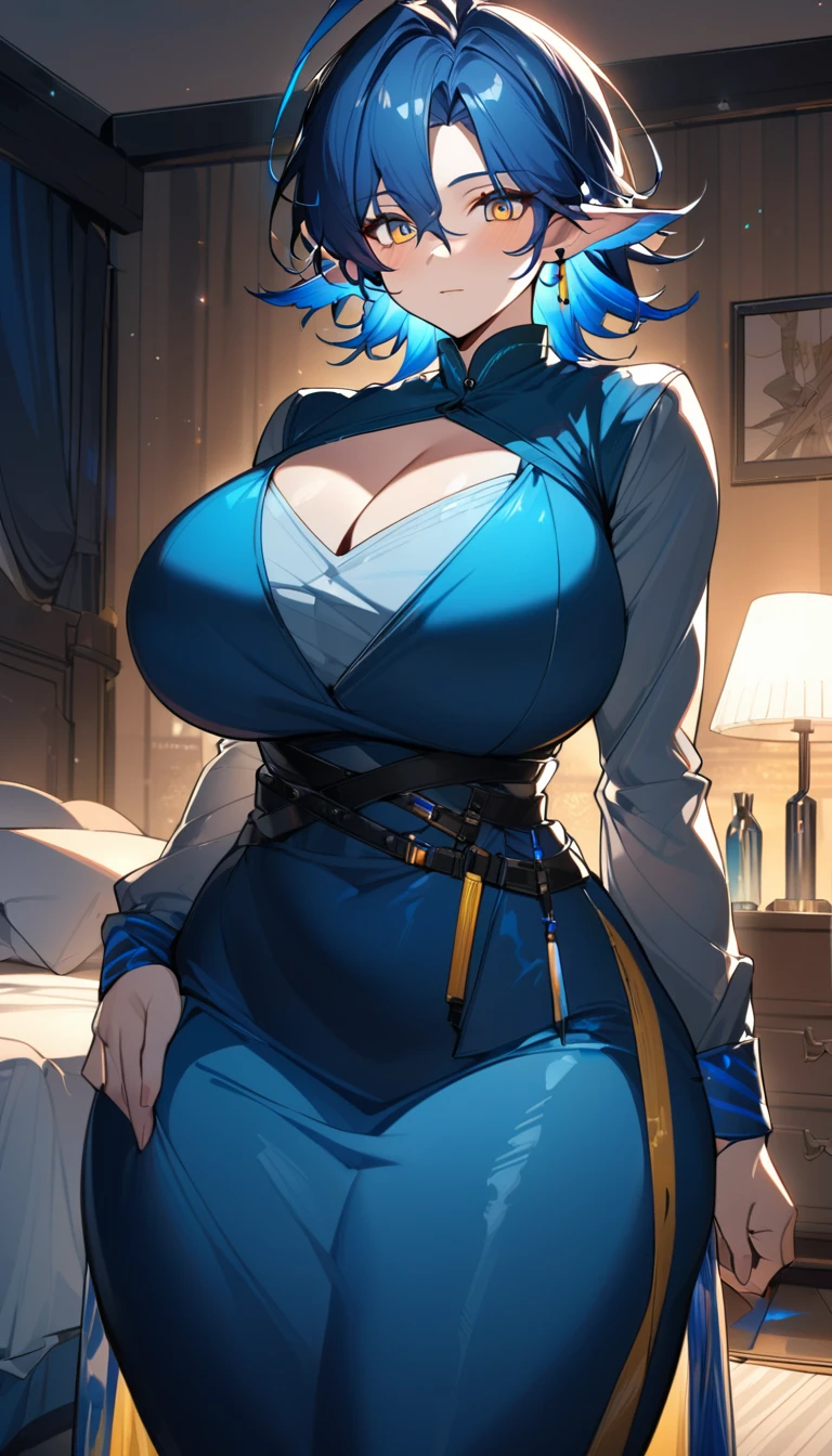 Lumen(Arknights),blue hair,curvy body, wearing clothes(Muslim attire),big cleavage,big thighs,bedroom, night setting,close view.