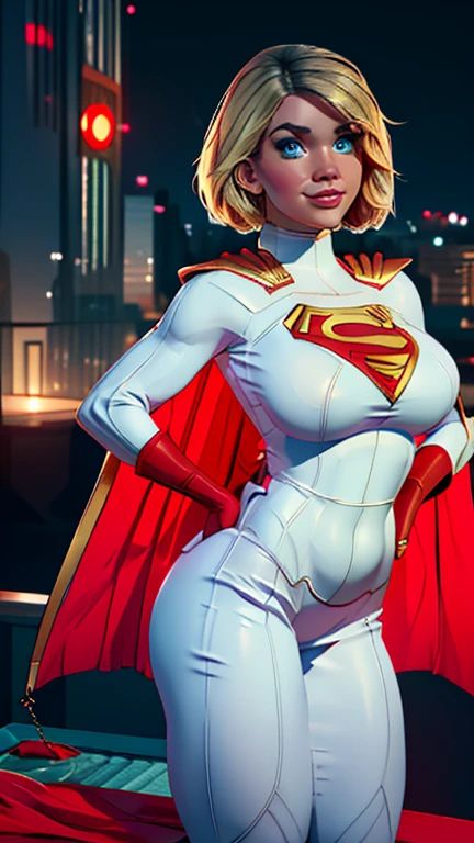 Two girls. Masterpiece. Two busty babes. Gloomy city, night, dim lights, under pouring rain. On skyscrapers roof tops, two busty babes are posing, hands on hips, soaking wet. First, Supergirl in her signature blue and red outfit, with logo on chest and a red cape. Second, Power Girl in her signature white outfit with a cutout on the chest, red cape attached on left side of outfit. Two girls together. Girl power. HD. High quality.