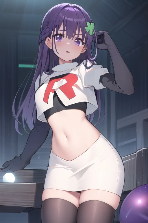 best quality, masterpiece, ElfinePhillet, purple hair, hair ornament, purple eyes, hair clover, red lips,scared, glowing magic orbs, team rocket,team rocket uniform,white skirt,red letter R,crop top,black thigh-highs,black elbow gloves