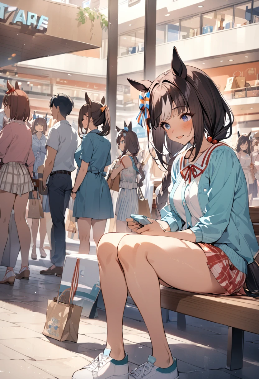 masterpiece、Highest quality、Depicted in detail、Hokuto Tarumae\(umamusume\)、Summer casual outfit、Shopping mall、Sit on a bench