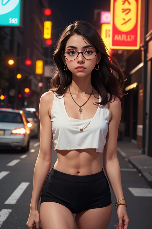 (best quality,4k,8k,highres,masterpiece:1.2),ultra-detailed,realistic:1.37,1 young girl,(black-framed glasses),crop top and panty,clear eyes,skinny body,flat chest,slender abs,messy long hair,necklace,earrings,sad dark ambiance,soft lighting,walking in the street,neon advertising,at night