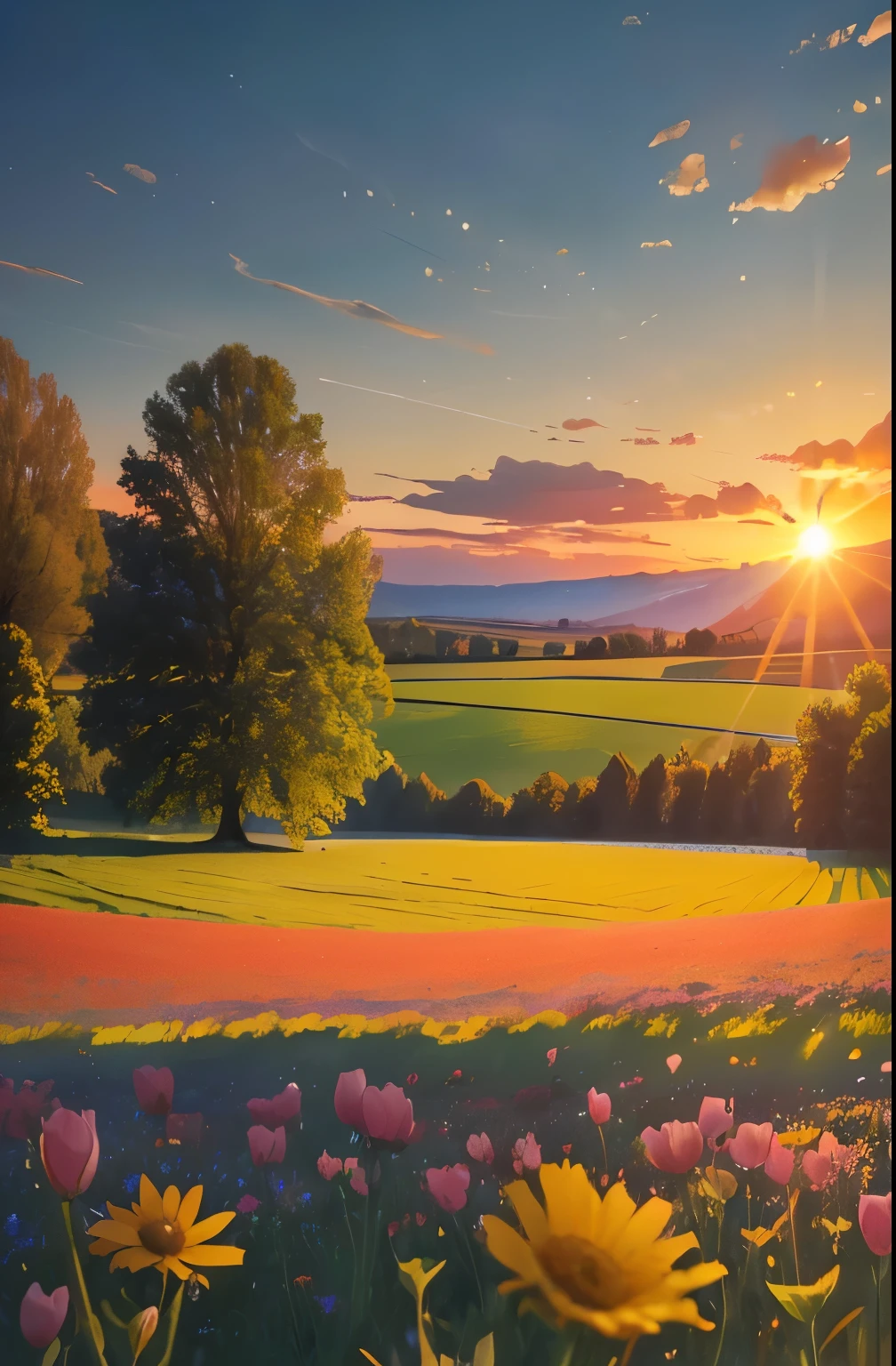 a view of a field of flowers with trees in the background, a picture by Juergen von Huendeberg, pexels, renaissance, sunny meadow, summer meadow, meadow with flowers, the brilliant dawn on the meadow, serene field setting, meadow in the forest, southern wildflowers, spring early morning, in a meadow, summer morning light, field of flowers