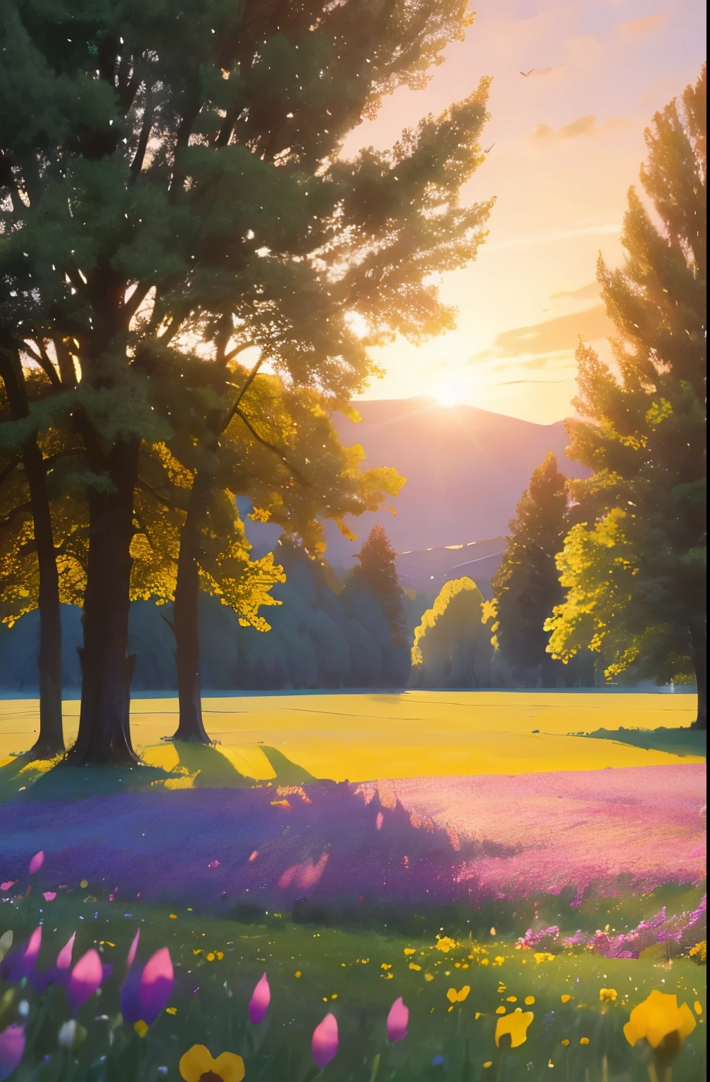 a view of a field of flowers with trees in the background, sunny meadow, summer meadow, meadow with flowers, the brilliant dawn on the meadow, serene field setting, meadow in the forest, southern wildflowers, spring early morning, in a meadow, summer morning light, field of flowers, an aesthetic field of flowers, at sunrise in springtime, meadow, springtime morning