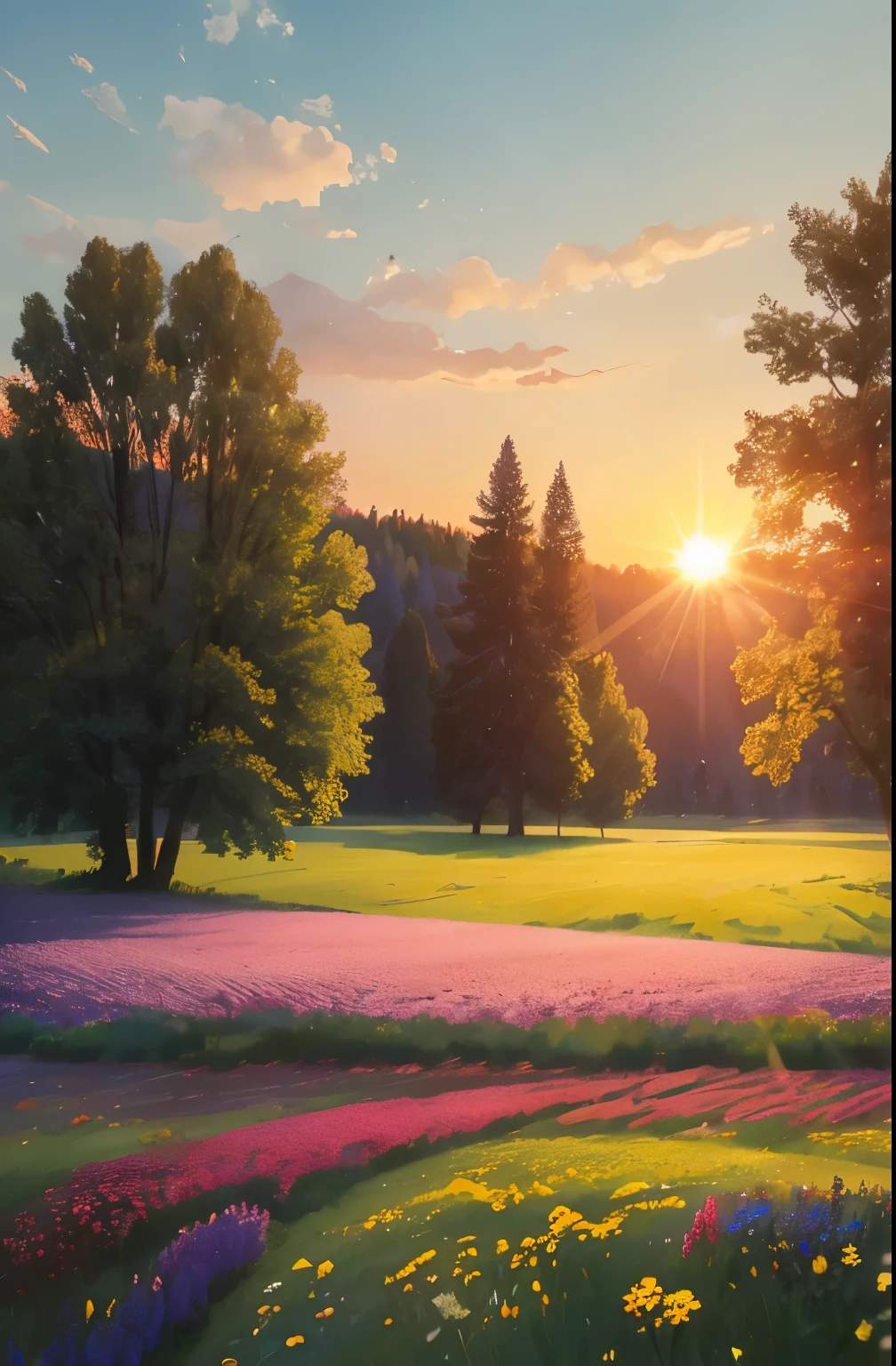 a view of a field of flowers with trees in the background, sunny meadow, summer meadow, meadow with flowers, the brilliant dawn on the meadow, serene field setting, meadow in the forest, southern wildflowers, spring early morning, in a meadow, summer morning light, field of flowers, an aesthetic field of flowers, at sunrise in springtime, meadow, springtime morning